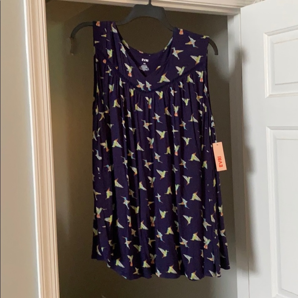 Evri Brand flowy tank. Navy blue with bird print.